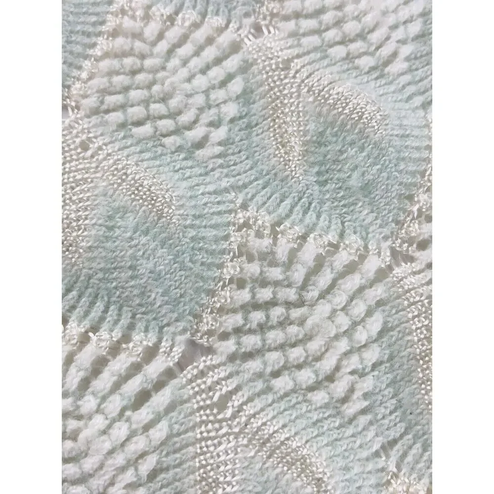 ANTIQUE BABY BLANKET DELICATE FINE 40 X 40 PALE MINT GREEN COVERLET PEACOCK VNTG